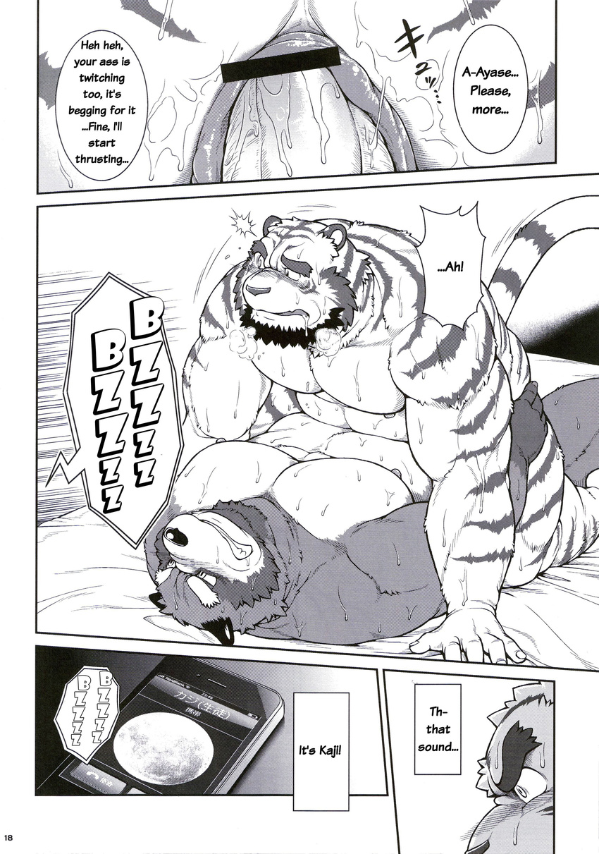 anal_penetration anthro body_markings canine chubby clenched_teeth comic cowgirl_position feline fox fur gay jin_(artist) male mammal markings me_and_my_teacher monochrome nipples on_top penetration penis phone sex straddling sweat teeth tiger unknown_artist