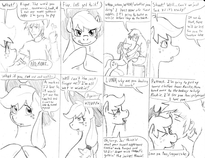 apple applejack_(mlp) black_and_white chair comic cowboy_hat cutie_mark dialog dj-black-n-white drooling duo english_text equine eyes female feral freckles friendship_is_magic fruit hair hat horse human male mammal monochrome my_little_pony pony saliva sitting sketch text