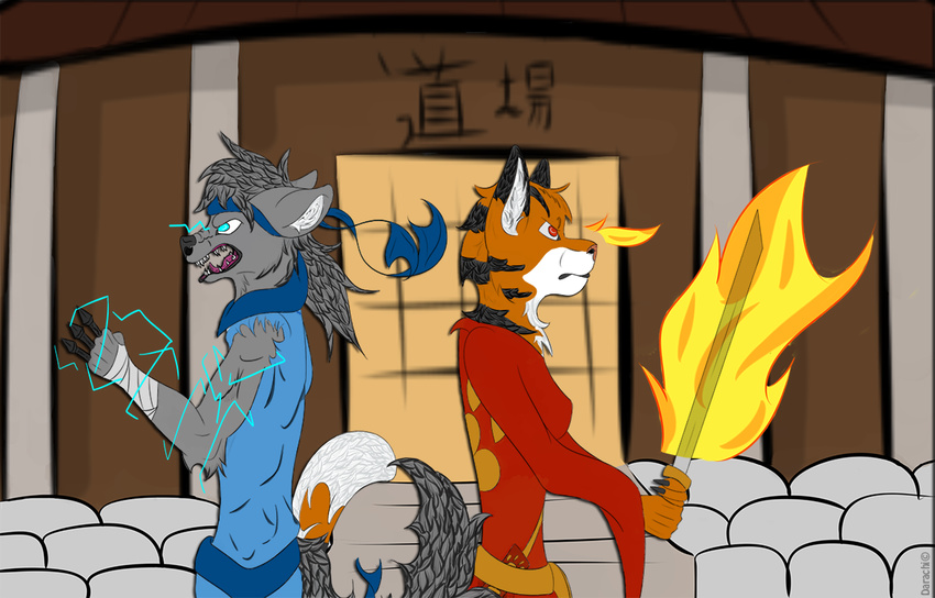 anthro bandanna canine darachi digital dojo feline fire fur japanese katana kunai lighning mammal muscles pillars rocks scary sword teeth texture tiger tongue weapon wolf