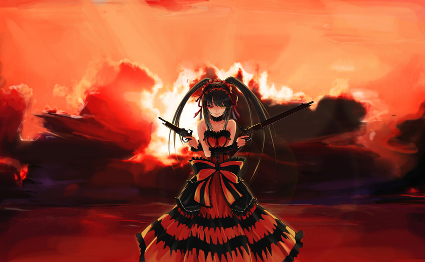 absurdres bare_shoulders black_hair breasts cleavage clock_eyes cloud date_a_live dress dual_wielding gun hairband heterochromia highres holding lolita_fashion lolita_hairband long_hair looking_at_viewer medium_breasts red_eyes ribbon rifle smile solo sunset symbol-shaped_pupils tokisaki_kurumi twintails weapon yellow_eyes zxhautumn