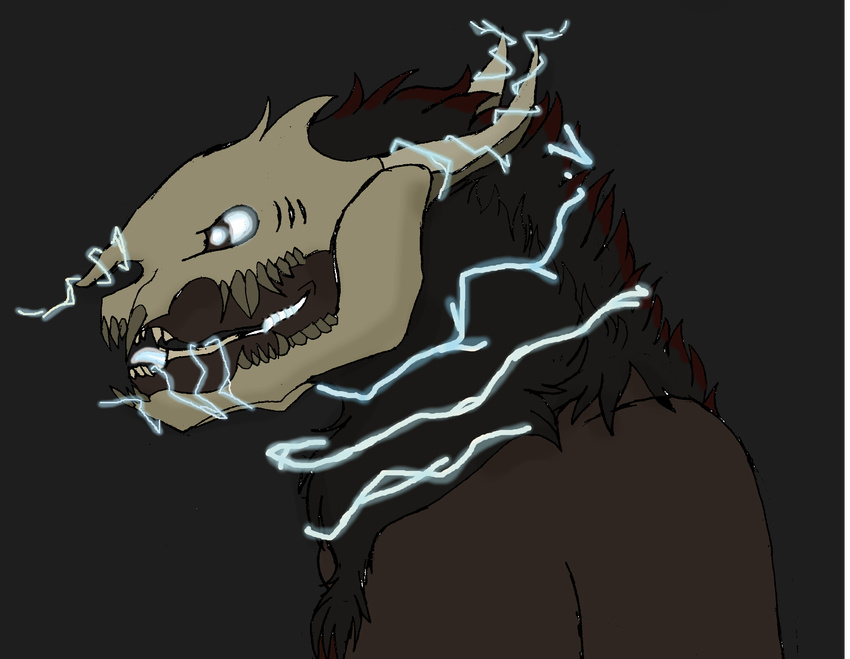 bone bust electricity glowing glowing_eyes horn mane monster werebereus werebereus_(artist) white_eyes