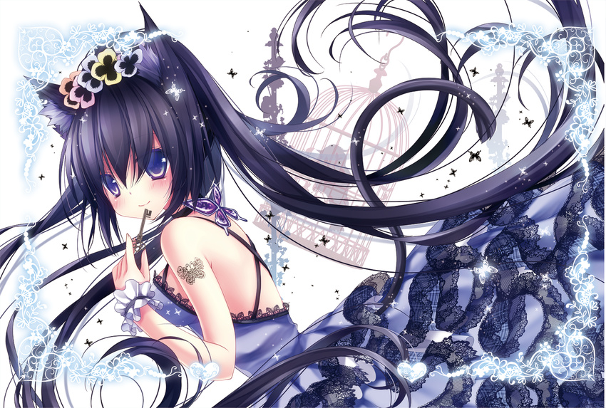 animal_ears back bad_id bad_pixiv_id bare_shoulders bird birdcage black_hair blue_eyes blush breasts bug butterfly cage cat_ears cat_tail dress gown hair_between_eyes hair_ornament insect key long_hair looking_at_viewer medium_breasts mikazuki_sara original smile solo tail tattoo wrist_cuffs