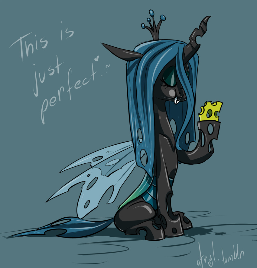 atryl black_body blue_background blue_hair changeling cheese dialog eating english_text equine eyes_closed fangs female feral food friendship_is_magic hair hi_res horn mammal my_little_pony plain_background queen_chrysalis_(mlp) solo text wings