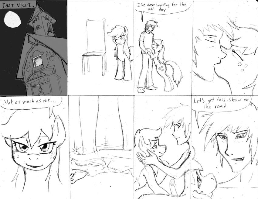 applejack_(mlp) bestiality black_and_white chair clothing comic cutie_mark dialog dj-black-n-white duo english_text equine erection eyes eyes_closed female feral freckles friendship_is_magic hair horse human inside interspecies kissing male mammal monochrome my_little_pony penis pony sketch text