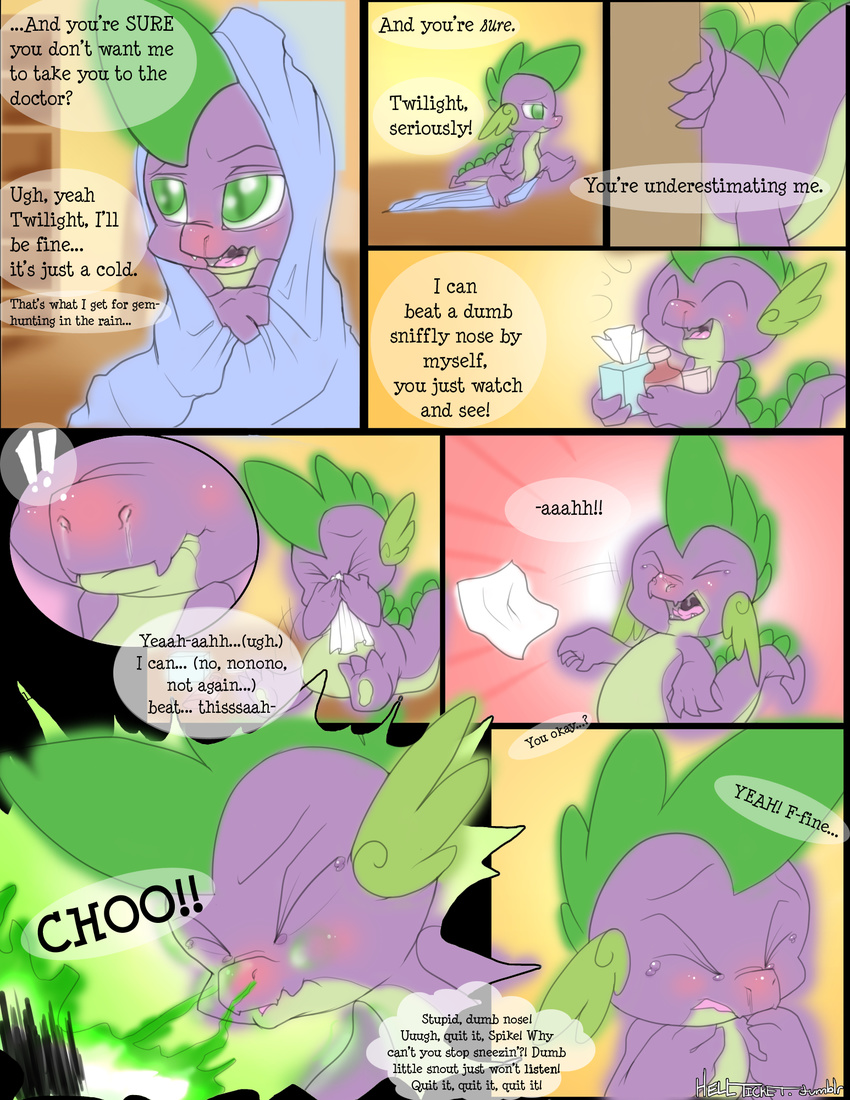 blanket dialog dragon english_text friendship_is_magic green_eyes hellticket inside male medicine my_little_pony purple_body scalie sick sneeze sneezing solo spike_(mlp) text young