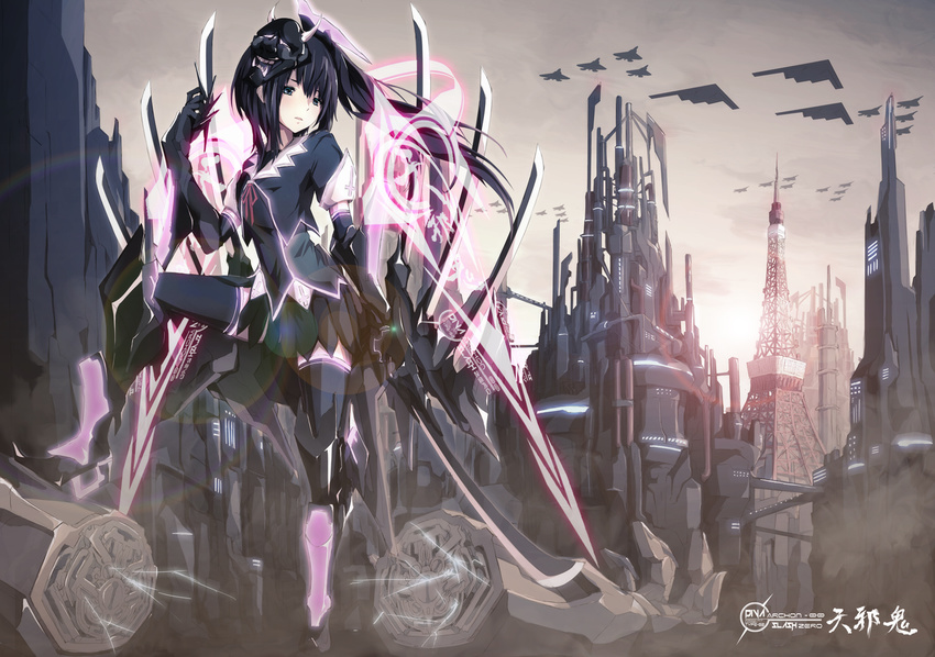 aircraft airplane armor b-2_spirit bad_id bad_pixiv_id black_hair black_legwear blue_eyes bomber boots cityscape dress f-22_raptor fighter_jet floating_hair glowing holographic_monitor jet katana legs looking_at_viewer machinery mechanical_arms merontomari military military_vehicle original ponytail severed_arm severed_limb short_hair standing sunlight sword thighhighs tokyo_tower tower weapon wind