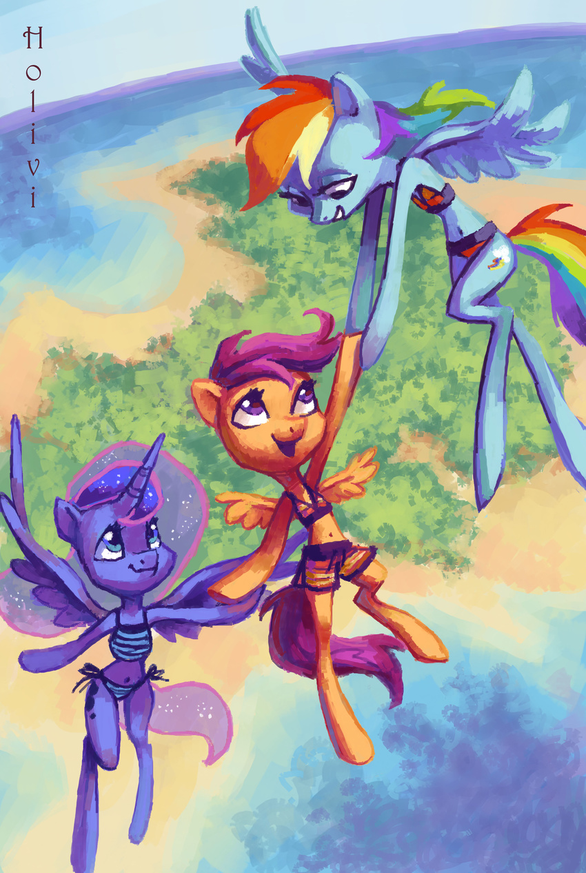 2013 anthro anthrofied blue_eyes blue_fur cutie_mark equine female flying friendship_is_magic fur hair holivi horse island mammal multi-colored_hair my_little_pony pegasus pony princess_luna_(mlp) purple_eyes purple_hair rainbow_dash_(mlp) rainbow_hair scootaloo_(mlp) sea swimsuit water wings