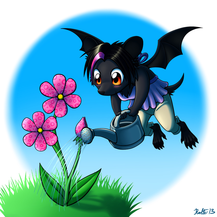 amber_eyes bare_foot barefoot bat black_fur black_hair blush claws clothed clothing cute female flower flying fur grass hair hi_res mammal multi-colored_hair pants pink_hair ratte ruun shirt short_tail simple_background sky smile solo top two_tone_hair water watering watering_can wings