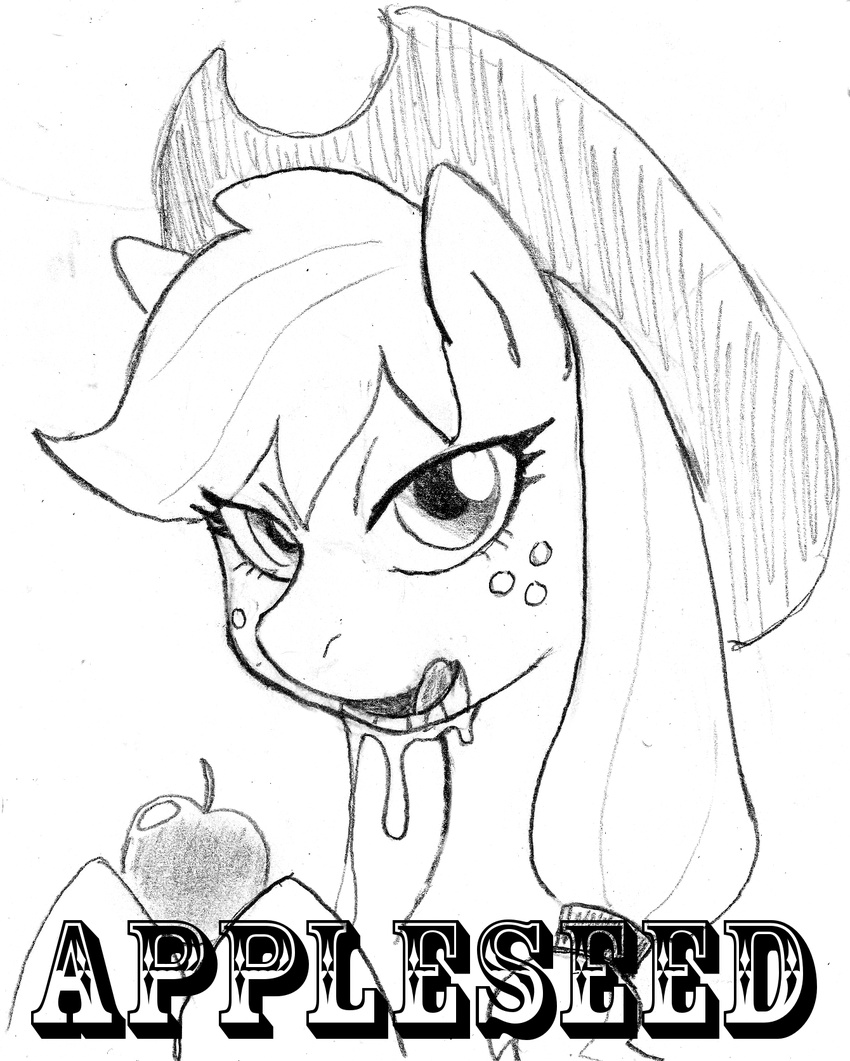 absurd_res apple applejack_(mlp) black_and_white comic cowboy_hat dj-black-n-white drooling english_text equine eyes female feral freckles friendship_is_magic fruit hair hat hi_res horse human mammal monochrome my_little_pony pony saliva sketch solo text