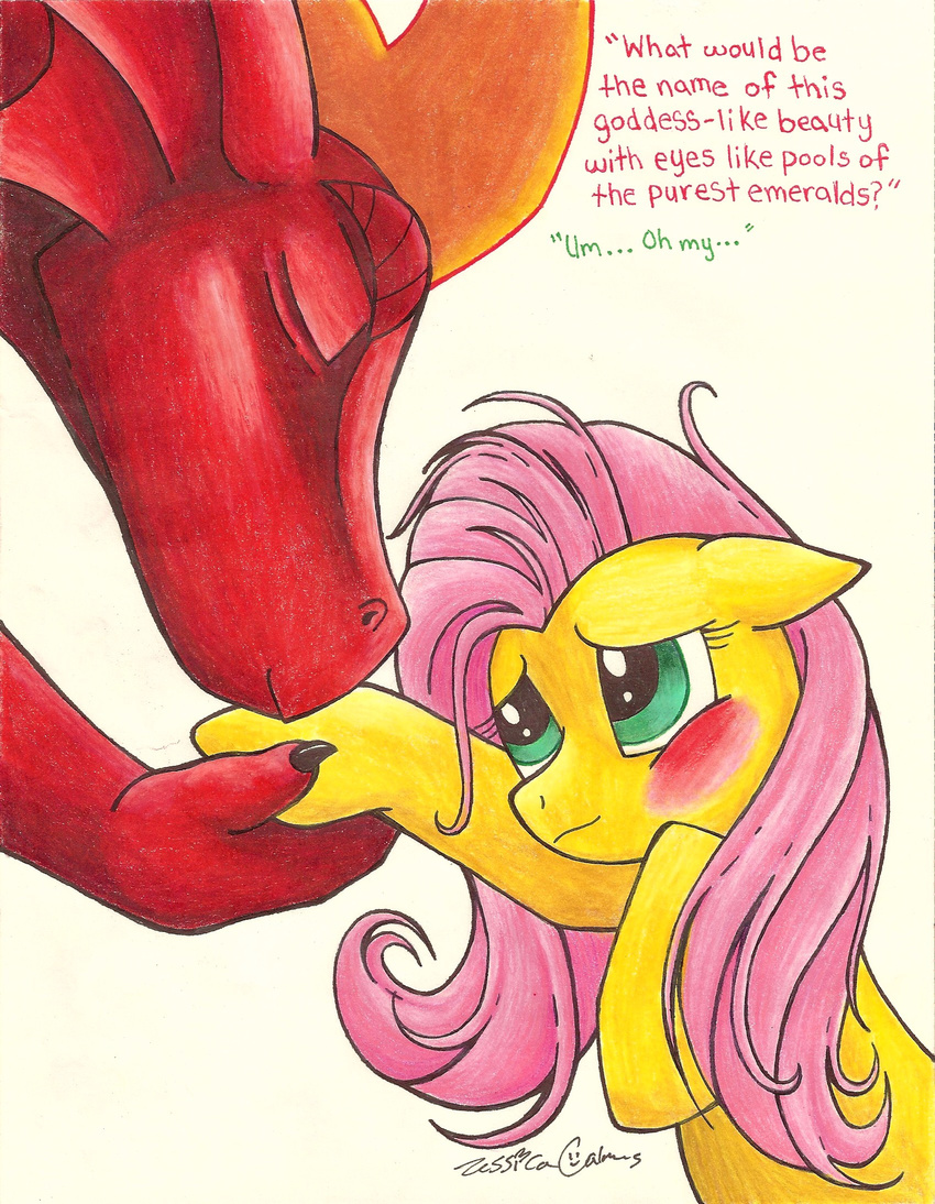 cute dragon equine female feral fluttershy_(mlp) friendship_is_magic green_eyes hair horse learai male mammal my_little_pony pink_hair plain_background pony red_dragon scalie white_background