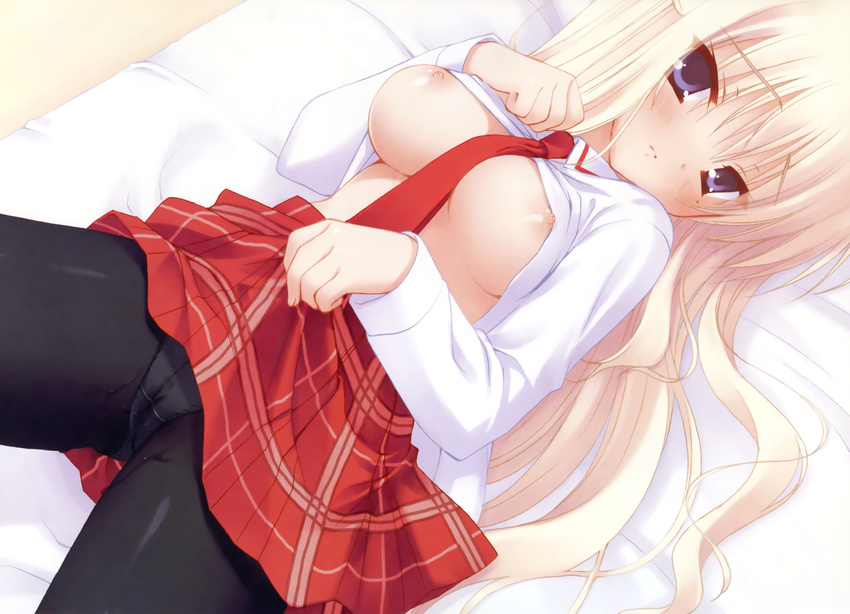 bed blonde_hair bra-ban! breasts cameltoe hibarigaoka_yuki long_hair muririn nipples no_bra pantyhose purple_eyes seifuku shirt_lift skirt skirt_lift wet yuzusoft