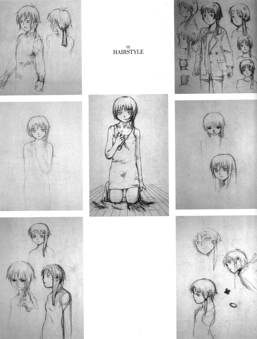 abe_yoshitoshi absurdres greyscale highres iwakura_lain monochrome official_art production_art scissors serial_experiments_lain sketch