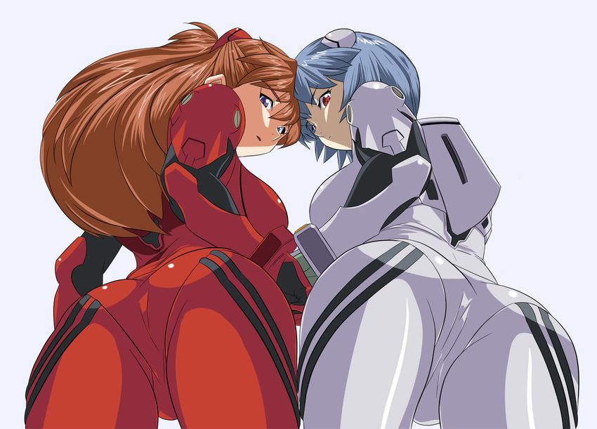 alternate_breast_size artist_request ass ayanami_rei bangs blue_eyes blue_hair bodysuit bracer breasts brown_hair cowboy_shot expressionless forehead-to-forehead foreshortening from_below gloves hair_between_eyes hair_ornament head_tilt highres long_hair looking_back looking_down medium_breasts multiple_girls neon_genesis_evangelion pale_skin parted_lips pilot_suit plugsuit red_eyes short_hair simple_background skin_tight souryuu_asuka_langley white_background white_bodysuit