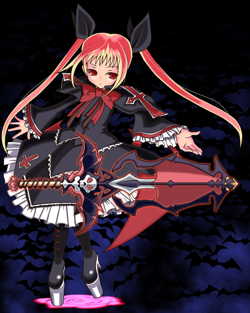 bad_id bad_pixiv_id blazblue blonde_hair bow gothic_lolita heel-less_platform_footwear highres kabe_(ryuryuta) lolita_fashion long_hair platform_footwear rachel_alucard red_bow shoes solo twintails