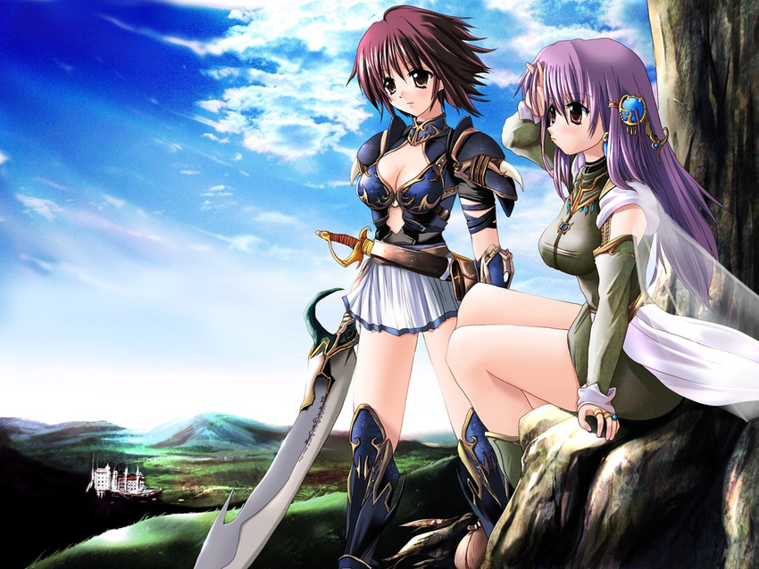 armor brown_eyes castle cloud copyright_request day fantasy komichi multiple_girls purple_hair sitting skirt sky sword wallpaper weapon