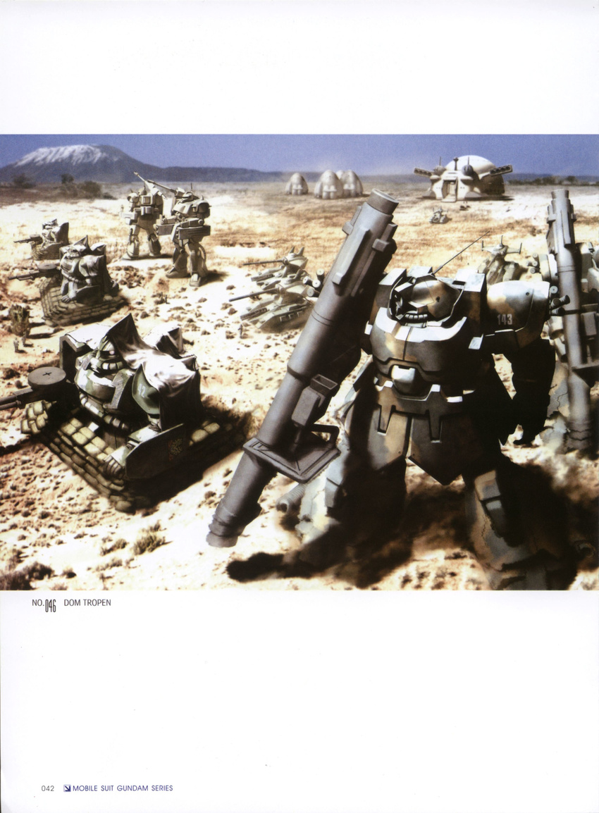 bazooka desert dom dom_tropen gallop ground_vehicle gun gundam gundam_0083 highres landship machine_gun magella_attack mecha military military_vehicle morishita_naochika motor_vehicle mountain no_humans realistic science_fiction snow spikes tank weapon zaku zaku_cannon zaku_ii zaku_ii_f2