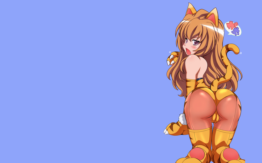 aisaka_taiga animal_costume animal_ears animal_print ass brown_eyes brown_hair claws costume highres leotard long_hair non-web_source pantyhose solo tail thighhighs tiger tiger_costume tiger_ears tiger_print toradora! wallpaper yellow_leotard