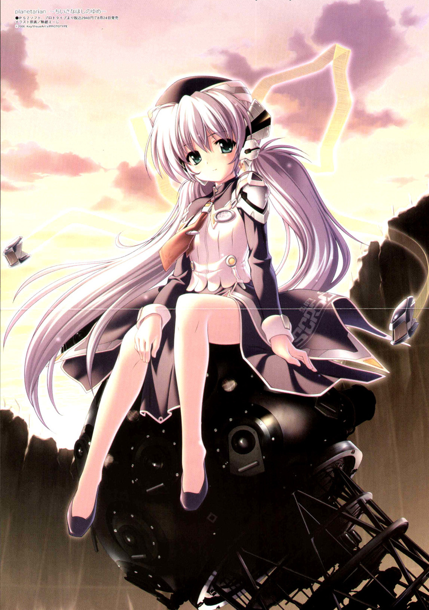 android arm_support armor bangs barcode bare_legs blush canyon cliff clothes_writing cloud crease flat_chest green_eyes hair_ribbon hat highres hoshino_yumemi komatsu_eiji light_smile long_hair long_sleeves looking_at_viewer low_twintails machine megami necktie non-web_source official_art outdoors pauldrons planetarian ribbon robot_ears scan scan_artifacts see-through shirt shoes side_slit sitting skirt sky sleeve_cuffs smile solo sunset turtleneck twintails uniform very_long_hair white_hair
