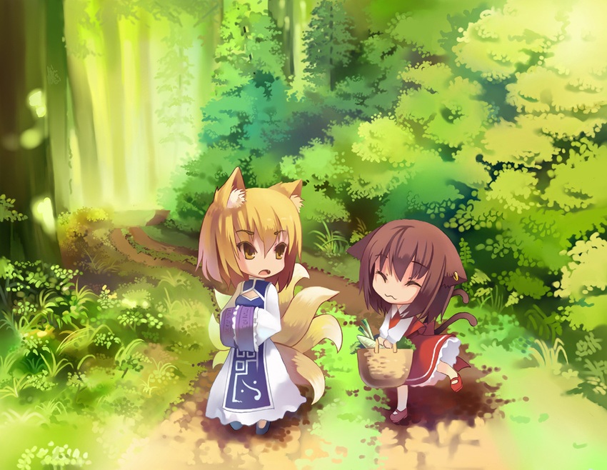 :3 ^_^ adapted_costume animal_ears bad_id bad_pixiv_id blonde_hair brown_hair cat_ears cat_tail chen chibi cleavage_cutout closed_eyes earrings fang forest fox_ears fox_tail groceries jewelry kamisakai long_sleeves multiple_girls multiple_tails nature no_hat no_headwear shoes short_hair tail touhou wide_sleeves yakumo_ran yellow_eyes