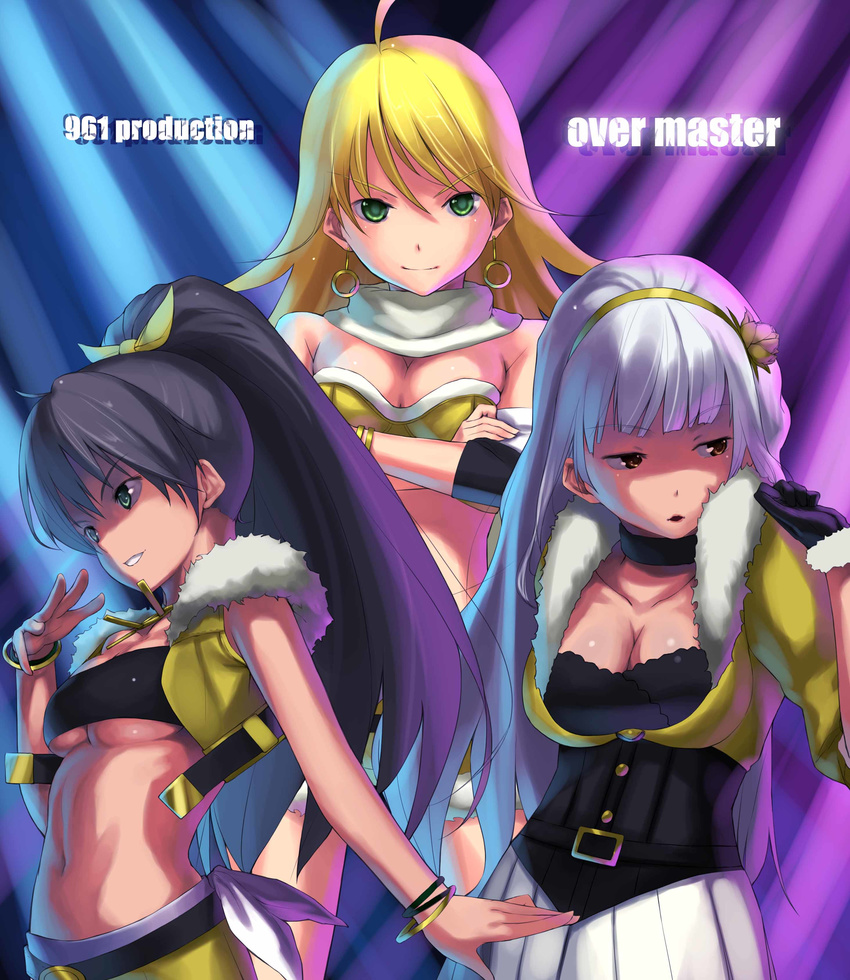 absurdres beyond_the_nobles beyond_the_vibes beyond_the_wishes breasts cleavage earrings ganaha_hibiki hairband highres hoshii_miki idolmaster idolmaster_(classic) idolmaster_live_for_you! jewelry ken-1 medium_breasts multiple_girls ponytail project_fairy shijou_takane underboob