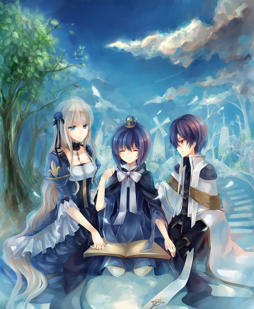 2girls bad_id bad_pixiv_id blue_hair book brother_and_sister cloud crown day dhiea dhiea_seville flower grave hair_flower hair_ornament highres holding_hands long_hair mo_seville multiple_girls outdoors pause reading short_hair siblings sitting smile very_long_hair white_hair