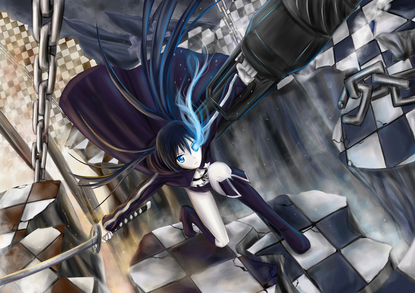 arm_cannon bikini_top black_hair black_rock_shooter black_rock_shooter_(character) blue_eyes boots chain checkered checkered_floor cross glowing glowing_eye katana long_hair midriff pale_skin rvin shorts solo sword twintails uneven_twintails weapon