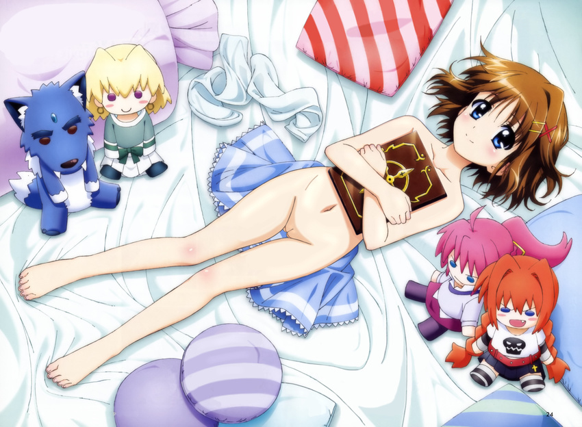 &gt;:) &gt;:d 1girl :d absurdres barefoot bed blonde_hair blue_eyes blush book book_hug braid brown_eyes brown_hair character_doll fang feet female highres holding holding_book legs looking_at_viewer lying lyrical_nanoha mahou_shoujo_lyrical_nanoha mahou_shoujo_lyrical_nanoha_a's mahou_shoujo_lyrical_nanoha_a's mahou_shoujo_lyrical_nanoha_the_movie_2nd_a's mahou_shoujo_lyrical_nanoha_the_movie_2nd_a's nude nude_filter on_back open_mouth orange_hair photoshop pillow pink_hair ponytail purple_eyes pussy shamal short_hair signum smile solo stuffed_animal stuffed_toy tamaki_shingo toes twin_braids twintails uncensored vita yagami_hayate zafira
