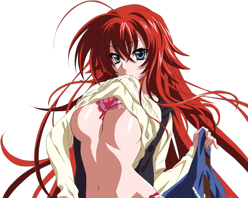 absurdres ahoge blue_eyes bra bra_lift breasts clothes_lift eyebrows_visible_through_hair floating_hair hair_between_eyes high_school_dxd highres holding large_breasts long_hair looking_at_viewer midriff mouth_hold navel red_bra red_hair rias_gremory shiny shiny_skin solo standing stomach sweater sweater_lift touhu_(f"riend_coffee) underboob underwear upper_body vector_trace very_long_hair