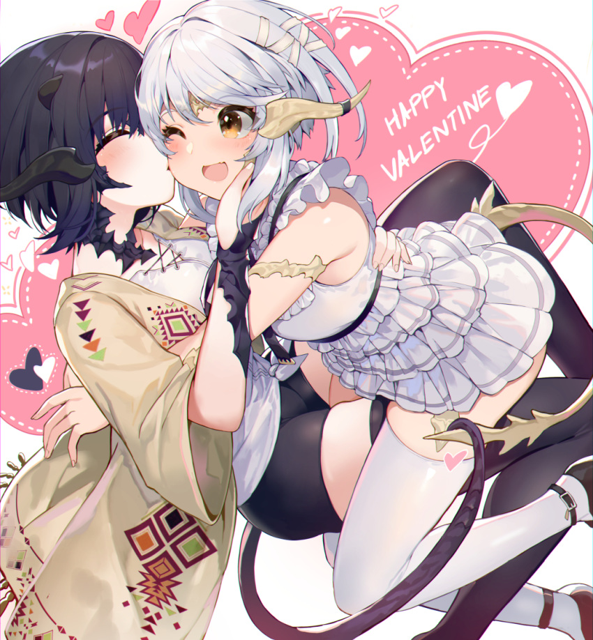 2girls ;d akizone armpit_crease au_ra bare_shoulders black_footwear black_hair black_shorts blush breasts brown_eyes brown_jacket dragon_horns dragon_tail dress eyes_closed final_fantasy final_fantasy_xiv frilled_dress frills hand_on_another's_cheek hand_on_another's_face happy_valentine heart horns hug jacket kiss multiple_girls one_eye_closed open_clothes open_jacket open_mouth shirt shoes short_hair short_shorts shorts sleeveless sleeveless_dress small_breasts smile tail thighhighs valentine white_dress white_hair white_legwear white_shirt wide_sleeves yuri