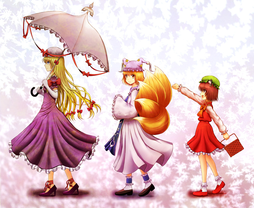 animal_ears ankle_cuffs ankle_ribbon ankle_socks blonde_hair bow cat_ears chen dress elbow_gloves fox_tail gin_fuaru gloves gradient gradient_background hair_bow hands_in_opposite_sleeves hat hat_ribbon high_heels highres jewelry long_hair long_sleeves looking_at_viewer mob_cap multiple_girls multiple_tails no_tail outstretched_arm picnic_basket pillow_hat profile ribbon shadow shoes short_hair single_earring skirt skirt_set smile tail touhou umbrella walking yakumo_ran yakumo_yukari yellow_eyes