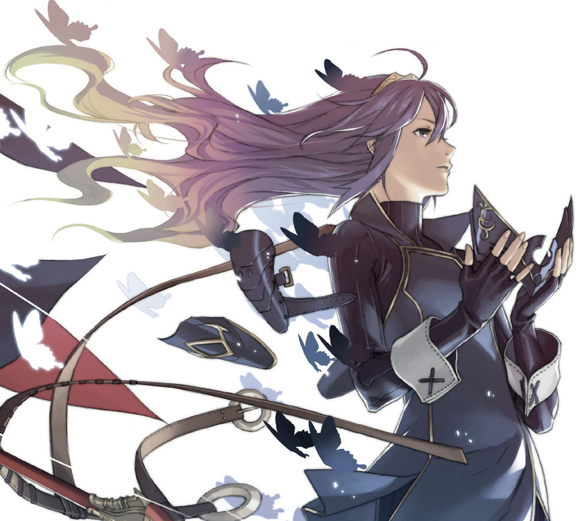 1girl baldric bug butterfly falchion_(fire_emblem) fingerless_gloves fire_emblem fire_emblem_awakening gloves grey_eyes grey_hair highres kozaki_yuusuke lucina_(fire_emblem) mask official_art solo spoilers sword tiara weapon