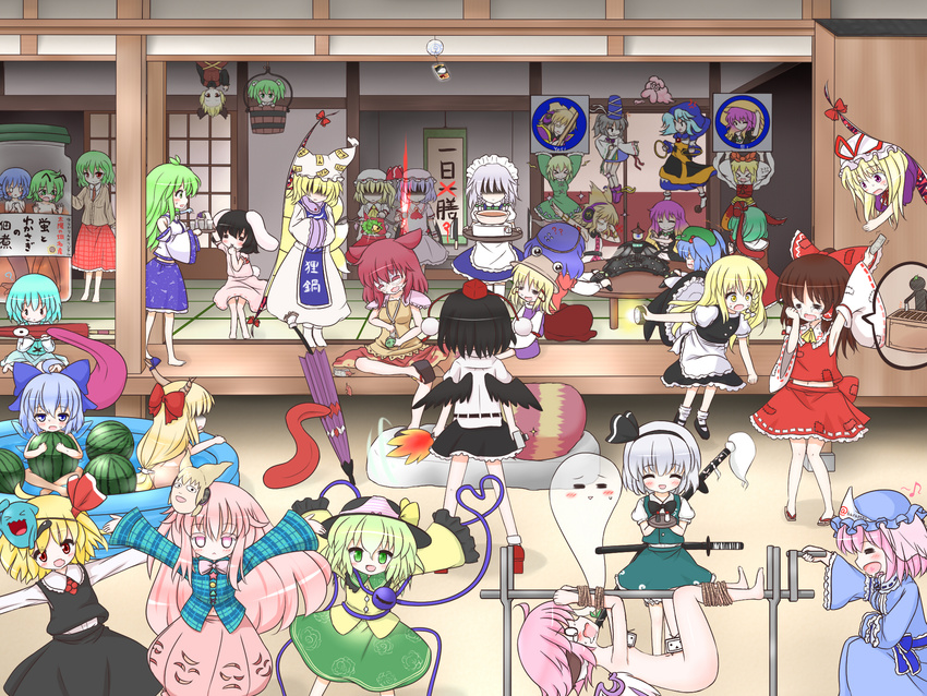 &gt;_&lt; 6+girls :&lt; :c :x =_= animal_ears animal_hat antennae apron barefoot battle_dome bishamonten's_pagoda black_hair blonde_hair blue_eyes blue_hair bow bow_panties bowtie box brown_eyes brown_hair bucket camera carrying censored cirno closed_eyes convenient_censoring cooking cup donation_box dress drink earmuffs expressive_clothes fan flandre_scarlet flying food fox_tail fruit futatsuiwa_mamizou gen_2_pokemon glasses gradient_hair green_eyes green_hair grey_hair hair_bow hair_ribbon hairband hakurei_reimu hat hata_no_kokoro heterochromia highres hijiri_byakuren hopeless_masquerade horns hotpot ibuki_suika ice ice_wings in_container inaba_tewi indoors izayoi_sakuya japanese_clothes jar kagiyama_hina karakasa_obake katana kawashiro_nitori kazami_yuuka kirisame_marisa kisume kochiya_sanae komeiji_koishi konpaku_youmu kumoi_ichirin kurodani_yamame long_hair maid_headdress mask mermaid midriff mini-hakkero mofu_mofu money mononobe_no_futo monster_girl moriya_suwako multicolored_hair multiple_girls multiple_tails mundane_utility musical_note mystia_lorelei nabe necktie new_mask_of_hope niconico nude o_o object_on_head panties panties_on_head patches pepper_shaker pink_eyes pink_hair plaid plaid_shirt plaid_skirt pokemon pokemon_(creature) poverty purple_hair red_eyes remilia_scarlet ribbon rotisserie rumia saigyouji_yuyuko salt_shaker shameimaru_aya shirt short_hair siblings silver_hair sisters sitting skirt snake soga_no_tojiko striped striped_panties sweat sweater sword tail tatami tatara_kogasa tears tokin_hat tongue toramaru_shou touhou toyosatomimi_no_miko two_side_up umbrella underwear unzan upside-down wading_pool wakasagihime wallet water watermelon waving weapon wings wobbuffet wriggle_nightbug yakumo_ran yakumo_yukari yasaka_kanako youkai