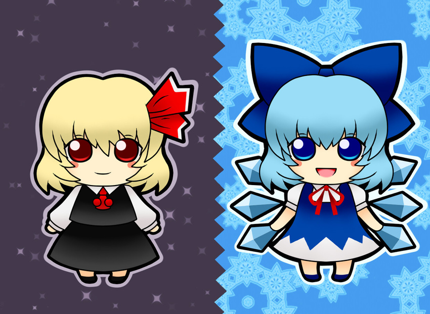 blonde_hair blue_eyes blue_hair bow cirno ice ice_wings multiple_girls necktie open_mouth red_eyes ribbon rumia short_hair smile soramame1110 touhou wings
