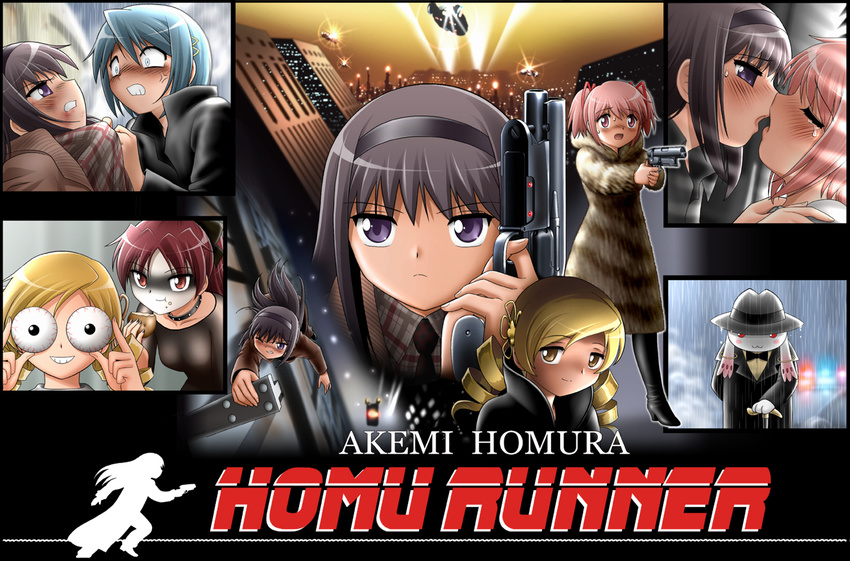 akemi_homura anger_vein black_hair blade_runner blonde_hair blue_eyes blue_hair blush boots bruise building cane car choker cityscape closed_eyes coat commentary_request cyberpunk eating everyone eyeball flying_car food food_on_face formal fur_coat gaff_(blade_runner) ground_vehicle gun hairband handgun hat imminent_kiss injury kaname_madoka kyubey leon_(blade_runner) long_hair mahou_shoujo_madoka_magica miki_sayaka motor_vehicle multiple_girls necktie parody pink_hair pistol pkd_blaster police police_car pris purple_eyes rachel_(blade_runner) red_eyes red_hair replicant rick_deckard roy_batty sakura_kyouko science_fiction shingyouji_tatsuya short_hair spinner suit tears tomoe_mami twintails weapon yellow_eyes yuri