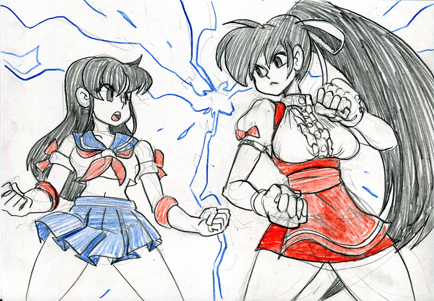 alex_ahad aoki_marin apron black_hair breasts colored_pencil_(medium) crop_top crossover dress elbow_gloves eye_contact fighting_stance fingerless_gloves gloves hair_ribbon long_hair looking_at_another medium_breasts midriff multiple_girls open_mouth ribbon school_uniform seifuku_densetsu_pretty_fighter serafuku short_dress takeuchi_yuka traditional_media uniform variable_geo very_long_hair waist_apron waitress