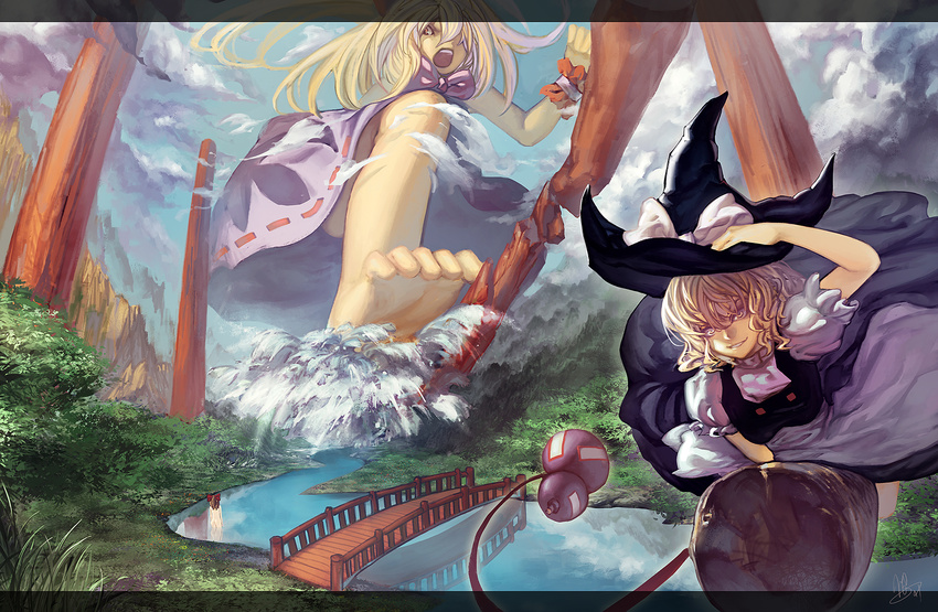 apron barefoot black_dress blonde_hair blue_sky bow breaking bridge broom broom_riding brown_hair cloud commentary_request dress forest giantess gourd hair_bow hakurei_reimu hand_on_headwear hat hat_bow highres ibuki_suika kirisame_marisa mountain multiple_girls nature nude pillar puffy_sleeves river short_sleeves skinny_dipping sky smirk touhou upskirt urami waist_apron witch witch_hat wrist_cuffs yellow_eyes