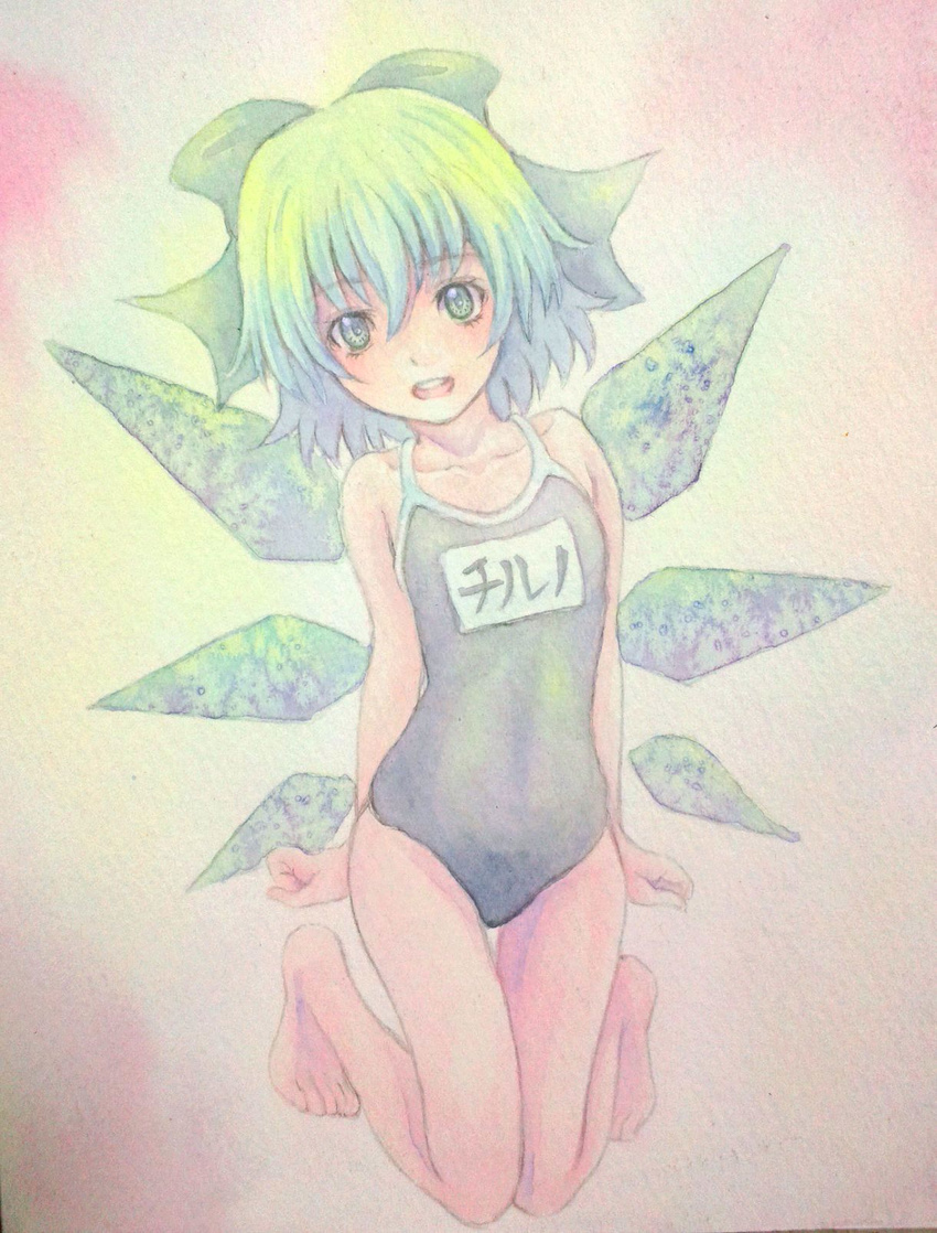 :d acrylic_paint_(medium) barefoot blue_eyes blue_hair bow cirno graphite_(medium) hair_bow highres ice ice_wings kneeling name_tag one-piece_swimsuit open_mouth school_swimsuit short_hair smile solo swimsuit thigh_gap touhou traditional_media watercolor_(medium) wings yuyu_(00365676)