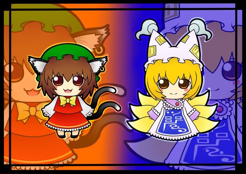animal_ears blonde_hair brown_hair cat_ears cat_tail chen earrings fox_tail hat jewelry multiple_girls multiple_tails nekomata open_mouth red_eyes ribbon short_hair smile soramame1110 tail touhou two_tails yakumo_ran yellow_eyes zoom_layer