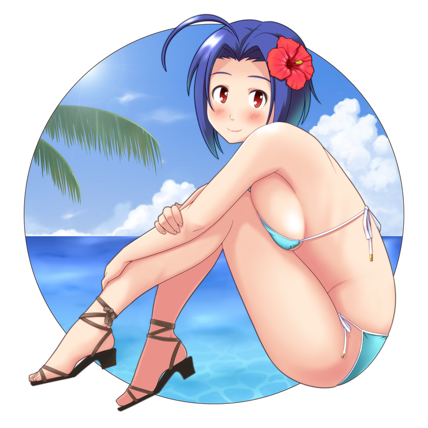 ahoge bare_shoulders bikini blue_hair blush breasts cloud day flower from_side full_body hair_flower hair_ornament hibiscus highres idolmaster idolmaster_(classic) large_breasts miura_azusa ocean red_eyes short_hair sideboob sitting sky smile solo swimsuit toshifumi water
