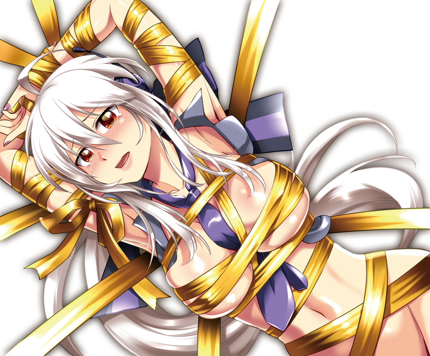armpits arms_up breasts caffein highres large_breasts long_hair naked_ribbon navel necktie open_mouth red_eyes ribbon silver_hair solo tears vocaloid voyakiloid white_background yellow_ribbon yowane_haku