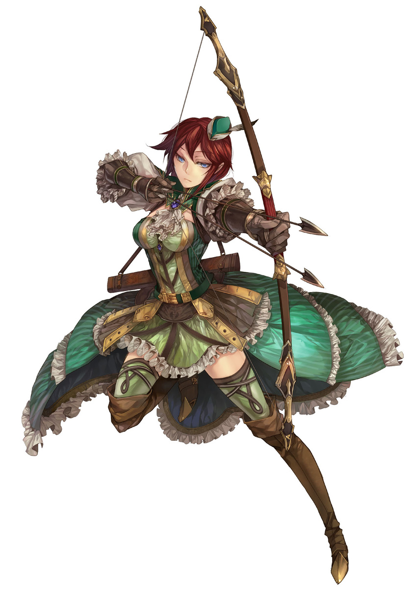 aiming archery arrow artist_request blue_eyes boots bow_(weapon) character_request drawing_bow hat highres holding holding_arrow holding_bow_(weapon) holding_weapon knee_boots outstretched_arm quiver red_hair seikon_no_el_dorado solo thighhighs weapon zettai_ryouiki