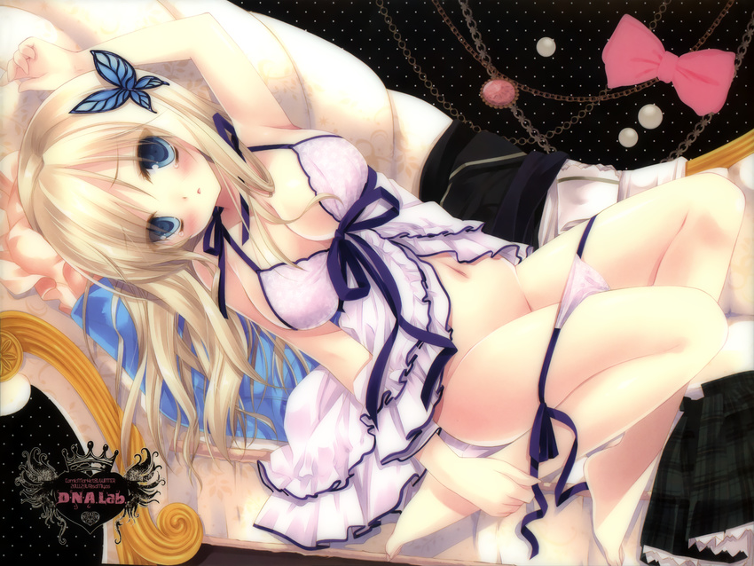 :o absurdres babydoll barefoot blonde_hair blue_eyes blush boku_wa_tomodachi_ga_sukunai breasts butterfly_hair_ornament cleavage couch hair_ornament highres kashiwazaki_sena legs long_hair lying medium_breasts miyasu_risa panties panty_pull parted_lips plaid plaid_skirt shirt_removed side-tie_panties skirt skirt_removed underwear white_panties