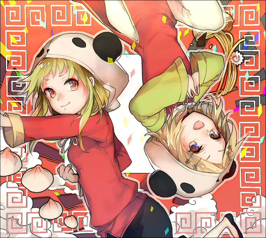 ayatoki-1 bad_id bad_pixiv_id blonde_hair blue_eyes china_dress chinese_clothes dress green_hair gumi hair_ornament hairclip highres kagamine_rin looking_at_viewer multiple_girls open_mouth panda_hat red_eyes short_hair smile upside-down vocaloid yie_ar_fan_club_(vocaloid)