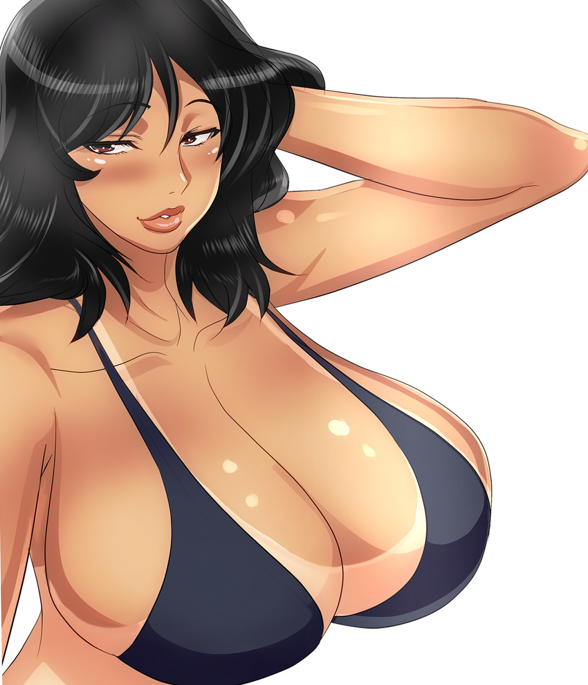 arm_up black_hair breasts brown_eyes cleavage highres huge_breasts lips one-piece_tan original shiny shiny_skin simple_background smile solo swimsuit tamanegiya tan tanline white_background