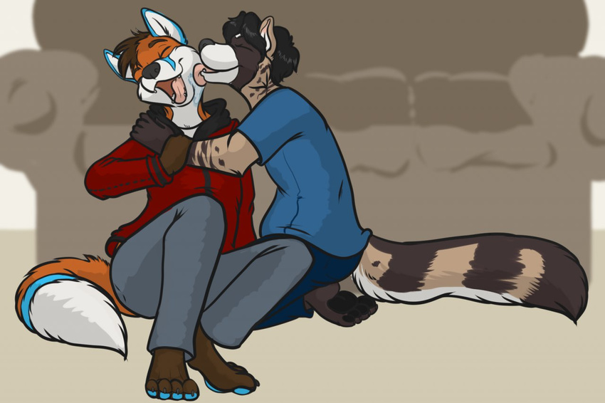 4_toes ambiguous_gender anthro black_nose canine civet clothed clothing couple duo eyes_closed fox hair happy licking male mammal open_mouth pawpads rhari simple_background smile sofa tongue