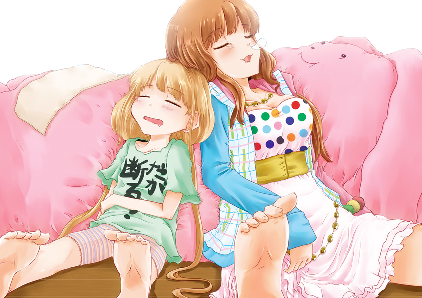 barefoot brown_hair closed_eyes dress drooling futaba_anzu idolmaster idolmaster_cinderella_girls jewelry kanata_ryou long_hair moroboshi_kirari multiple_girls necklace nose_bubble pillow shorts sleeping soles toes twintails