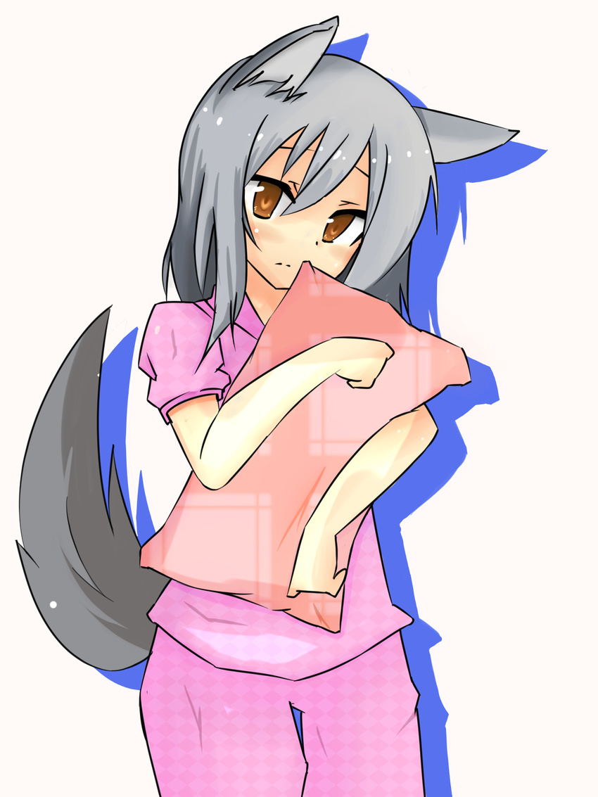 animal_ears brown_eyes cat_ears highres kurokakko original pajamas pillow pillow_hug short_sleeves silhouette silver_hair simple_background solo tail