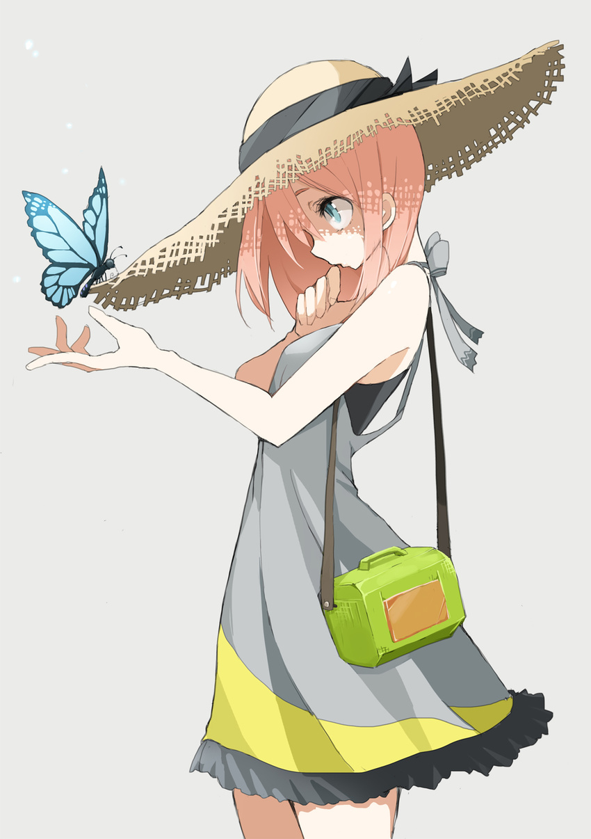 blue_eyes bug butterfly dress hat highres insect long_hair original pink_hair straw_hat sundress takagi_(tansuke) tansuke