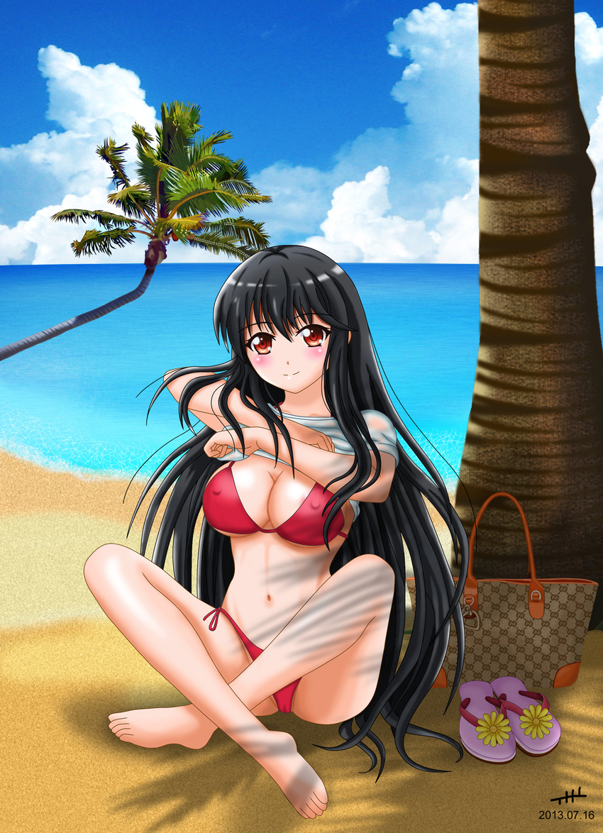 bag barefoot beach bikini black_hair breasts cleavage cloud covered_nipples day handbag highres horizon indian_style large_breasts nihility original outdoors red_eyes sandals shoes_removed sitting sky solo swimsuit undressing