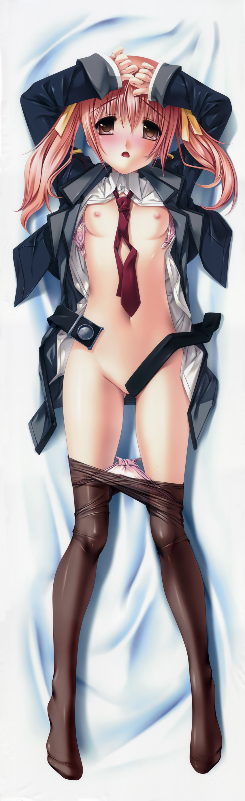 absurdres asakura_shiori bed bed_sheet black_legwear blazer blush bra breasts brown_eyes censored collarbone convenient_censoring crotch_seam d: dakimakura from_above full_body highres huge_filesize itoshii_kanojo_no_mamorikata jacket legs looking_at_viewer lying necktie nipples on_back on_bed open_bra open_clothes open_mouth open_shirt panties panties_under_pantyhose panty_pull pantyhose pantyhose_pull pink_bra pink_hair pink_panties senomoto_hisashi shirt skirt skirt_lift small_breasts solo twintails underwear